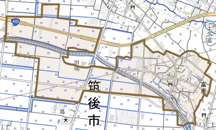大字富重とその周辺の地図。町の範囲を重ねている