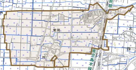 大字常用とその周辺の地図。町の範囲を重ねている