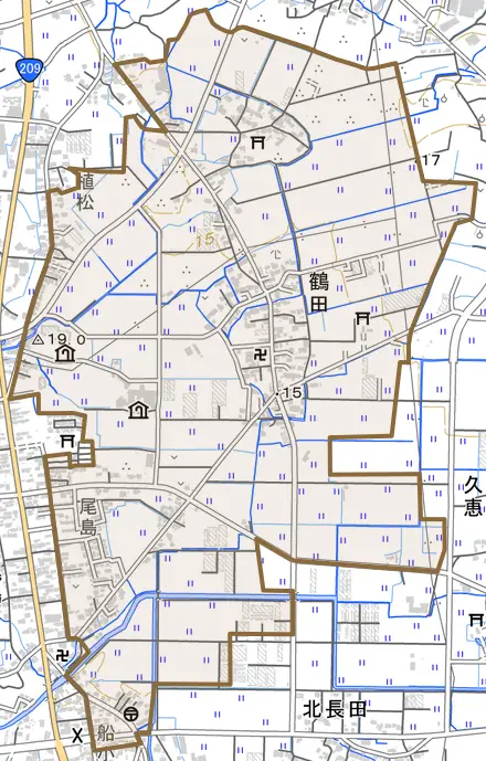 大字鶴田とその周辺の地図。町の範囲を重ねている