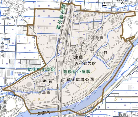 大字津島とその周辺の地図。町の範囲を重ねている