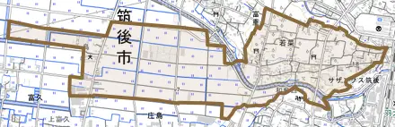 大字若菜とその周辺の地図。町の範囲を重ねている