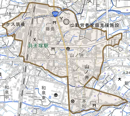 大字山ノ井とその周辺の地図。町の範囲を重ねている