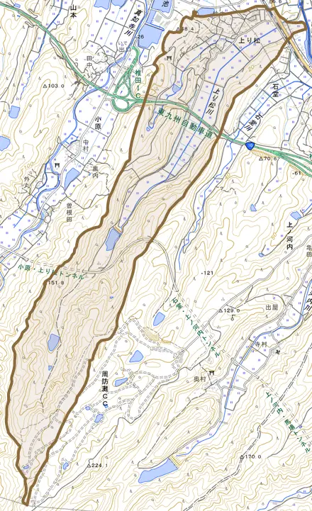 大字上り松とその周辺の地図。町の範囲を重ねている