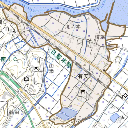 大字有安とその周辺の地図。町の範囲を重ねている