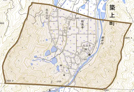 大字伝法寺とその周辺の地図。町の範囲を重ねている