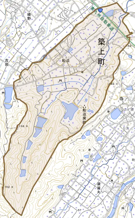 大字船迫とその周辺の地図。町の範囲を重ねている