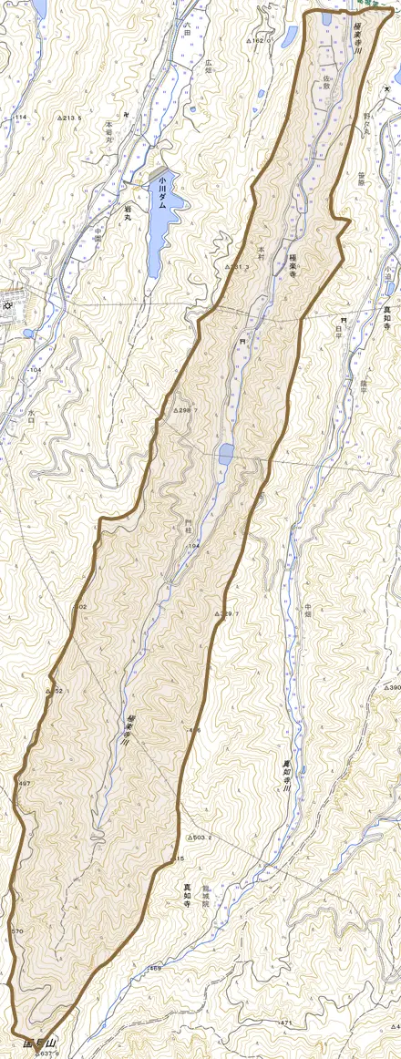 大字極楽寺とその周辺の地図。町の範囲を重ねている