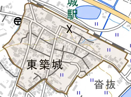 大字東築城とその周辺の地図。町の範囲を重ねている