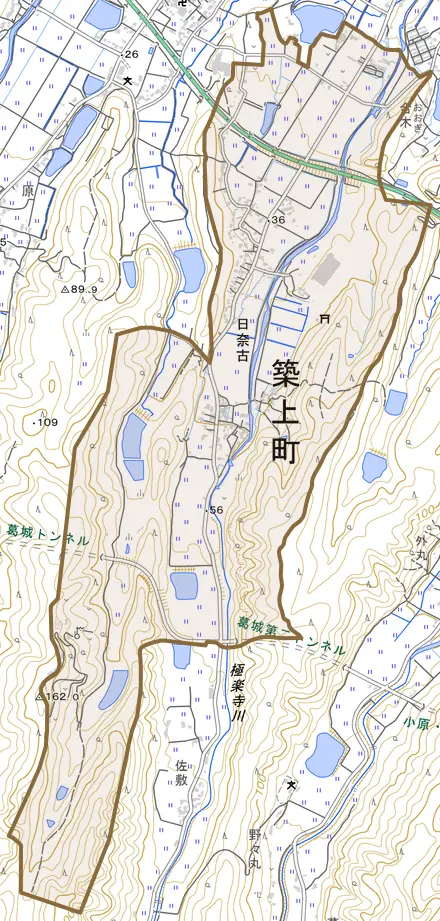 大字日奈古とその周辺の地図。町の範囲を重ねている