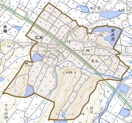 大字広末とその周辺の地図。町の範囲を重ねている