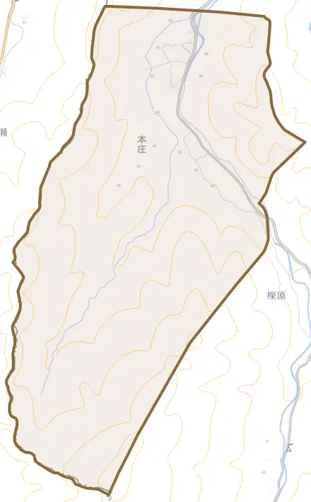 大字本庄とその周辺の地図。町の範囲を重ねている