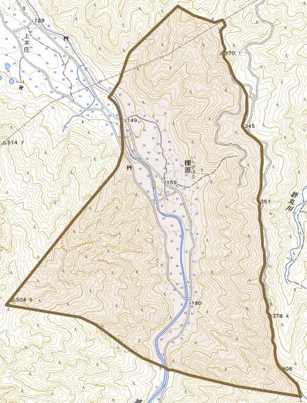大字櫟原とその周辺の地図。町の範囲を重ねている