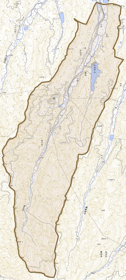 大字岩丸とその周辺の地図。町の範囲を重ねている