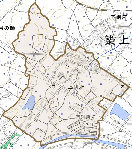 大字上別府とその周辺の地図。町の範囲を重ねている