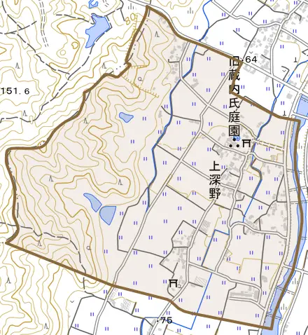大字上深野とその周辺の地図。町の範囲を重ねている