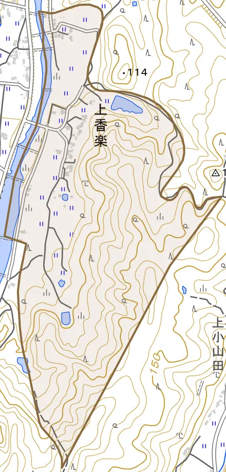 大字上香楽とその周辺の地図。町の範囲を重ねている