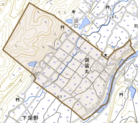 大字袈裟丸とその周辺の地図。町の範囲を重ねている