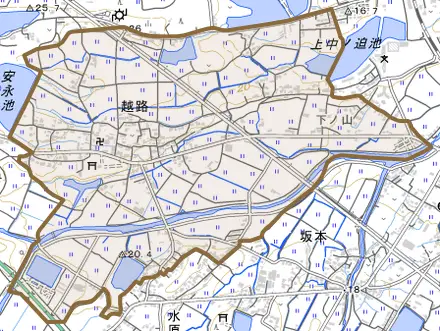大字越路とその周辺の地図。町の範囲を重ねている