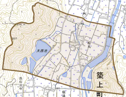 大字松丸とその周辺の地図。町の範囲を重ねている