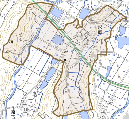 大字水原とその周辺の地図。町の範囲を重ねている