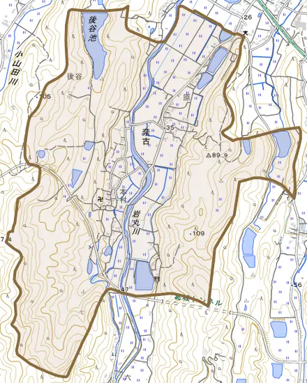 大字奈古とその周辺の地図。町の範囲を重ねている