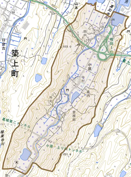 大字小原とその周辺の地図。町の範囲を重ねている