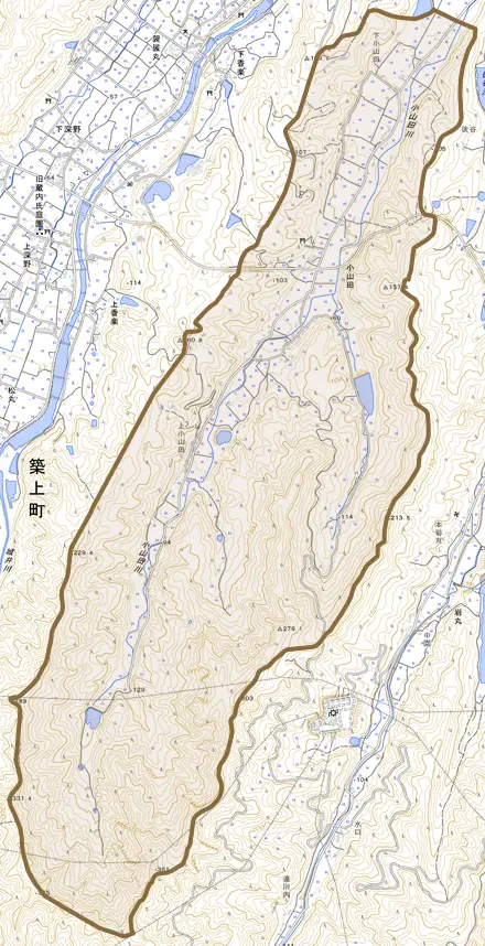 大字小山田とその周辺の地図。町の範囲を重ねている