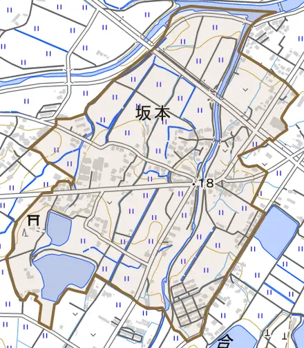 大字坂本とその周辺の地図。町の範囲を重ねている