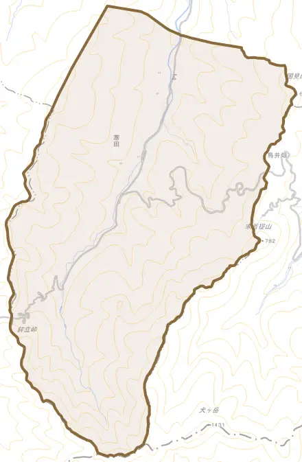大字寒田とその周辺の地図。町の範囲を重ねている