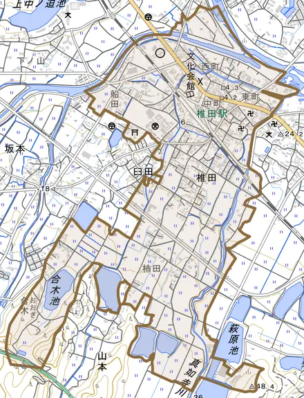大字椎田とその周辺の地図。町の範囲を重ねている