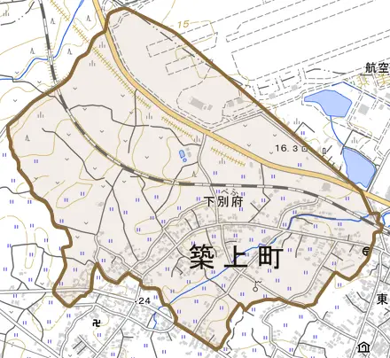 大字下別府とその周辺の地図。町の範囲を重ねている