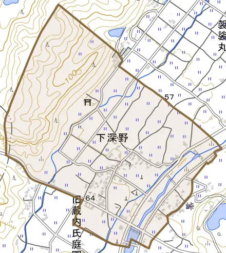 大字下深野とその周辺の地図。町の範囲を重ねている