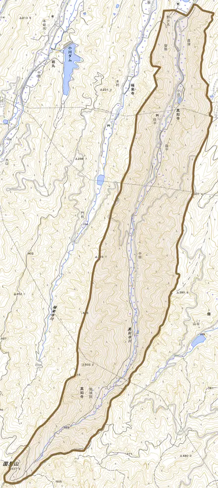 大字真如寺とその周辺の地図。町の範囲を重ねている