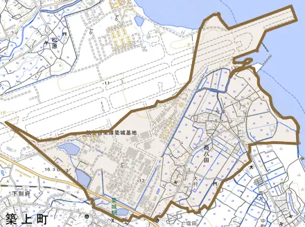 大字西八田とその周辺の地図。町の範囲を重ねている