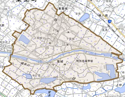 大字築城とその周辺の地図。町の範囲を重ねている