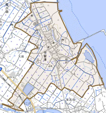 大字宇留津とその周辺の地図。町の範囲を重ねている