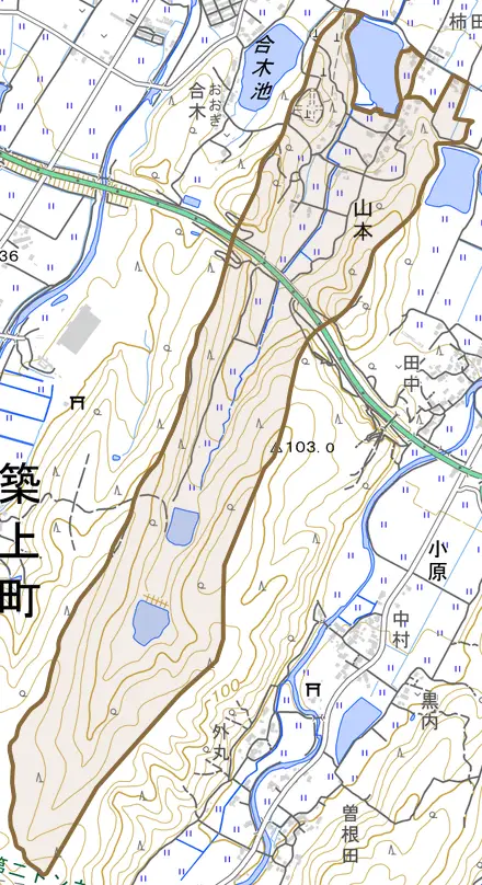大字山本とその周辺の地図。町の範囲を重ねている