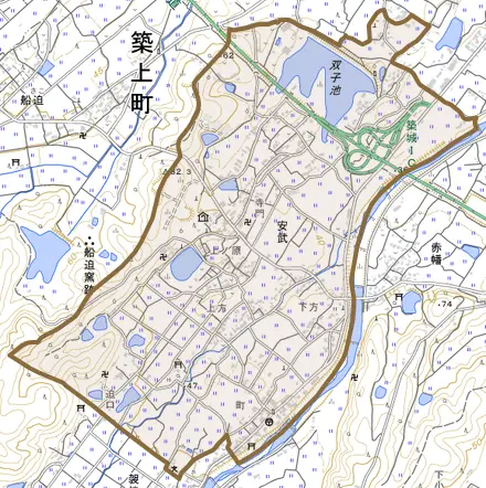 大字安武とその周辺の地図。町の範囲を重ねている