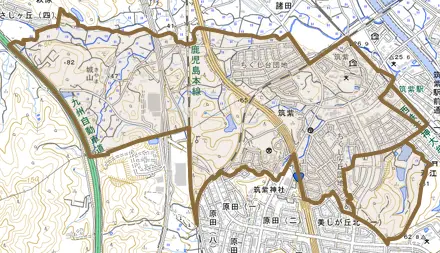 大字筑紫とその周辺の地図。町の範囲を重ねている