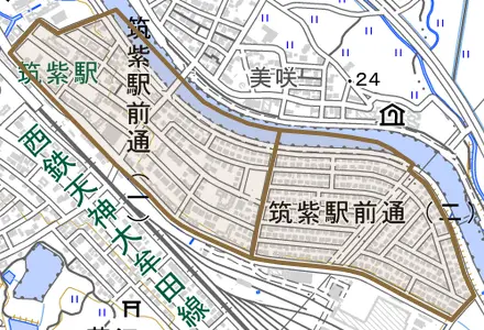 筑紫駅前通とその周辺の地図。町の範囲を重ねている