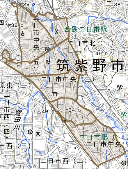 二日市中央とその周辺の地図。町の範囲を重ねている