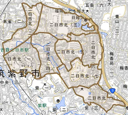 二日市北とその周辺の地図。町の範囲を重ねている