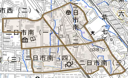 二日市南とその周辺の地図。町の範囲を重ねている
