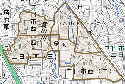二日市西とその周辺の地図。町の範囲を重ねている