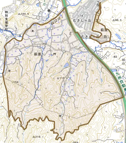 大字萩原とその周辺の地図。町の範囲を重ねている
