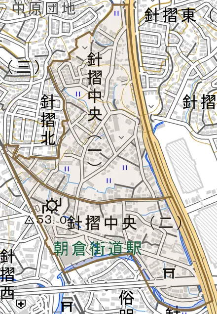 針摺中央とその周辺の地図。町の範囲を重ねている