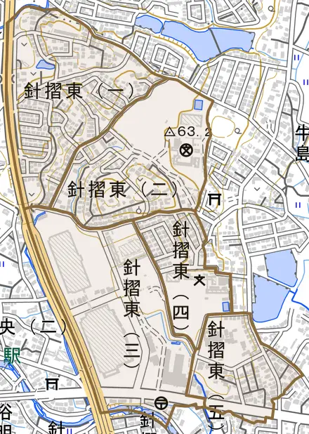針摺東とその周辺の地図。町の範囲を重ねている