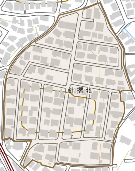 針摺北とその周辺の地図。町の範囲を重ねている