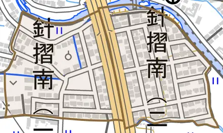 針摺南とその周辺の地図。町の範囲を重ねている
