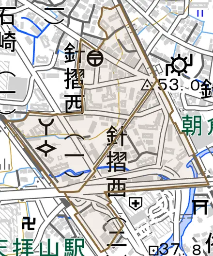 針摺西とその周辺の地図。町の範囲を重ねている
